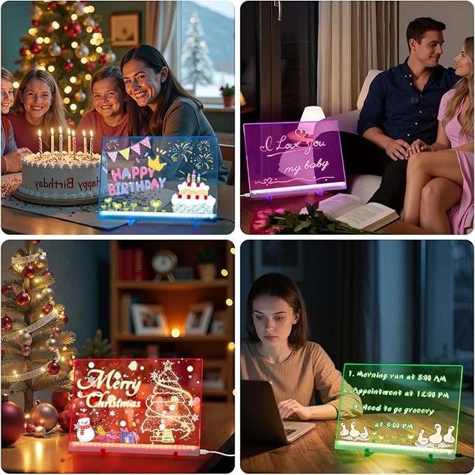 Acrylic Dry Erase Board with Light, 13.7"x10" 7 Color Changing Touch LED Note Board with 4 Modes & 7 Markers, Light Up Message Board Desktop Memo Board, LED Drawing Board for Kids Girls Boys (Touch)