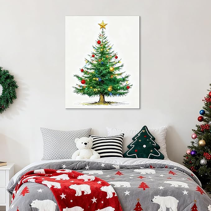 Framed Christmas Pictures Wall Decor,Vintage Pine Tree Prints,Winter Christmas Canvas Wall Art Decoration for Bedroom Bathroom Living Room Rustic Xmas Holiday Gifts (Christmas Tree 7, 16'' X 24'')