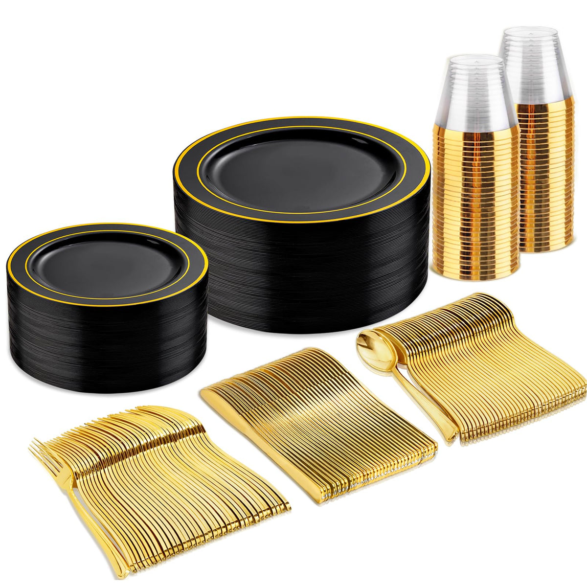bUCLA 600PCS Clear Rose Gold Plastic Dinnerware Set Disposable - Include 100 Dinner Plates, 100 Dessert Plates, 100 Knives, 100 Forks, 100 Spoons, 100 Cups for Party & Wedding