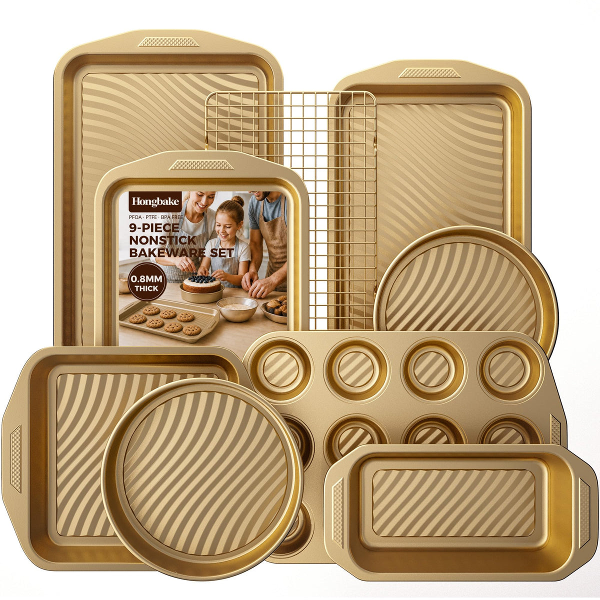 9-Piece Nonstick Bakeware Set, Non-Toxic Baking Pans Set, Gold