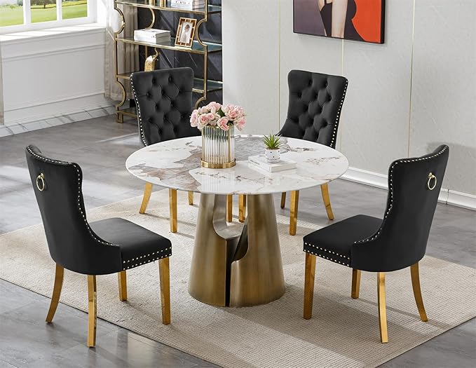 5-Piece Faux Marble Round Dining Table Set for 4, Modern Luxury Kitchen Table Set for 4 with Black Tufted Chairs,Circle Dining Tables with Pandora Grain Top and Bronze Pedestal Base