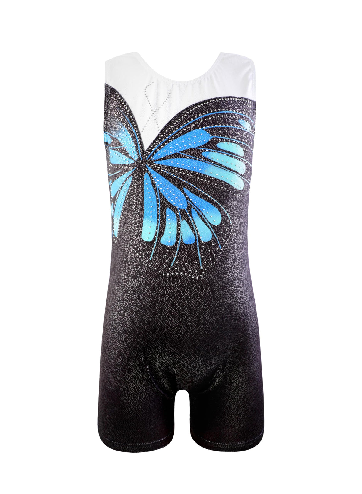 HOZIY Gymnastics Leotards for Girls Butterfly Blue Black White Spliced Biketard Tumbling Outfits Rhinestone Diamond 7-8 Years