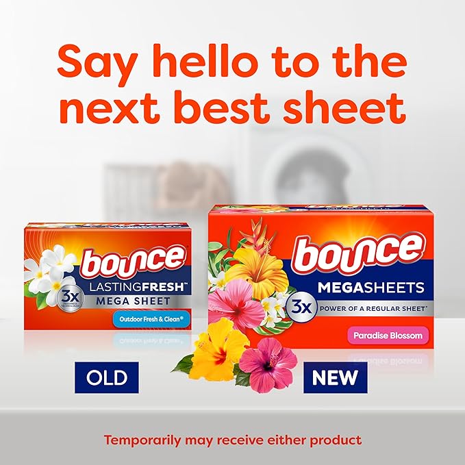 Bounce Mega Dryer Sheets, Paradise Blossom, 130 Count (Packaging May Vary)