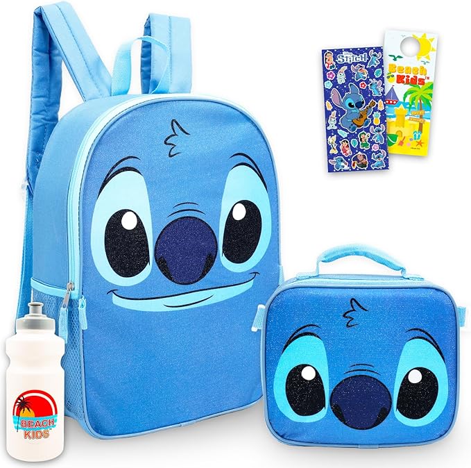 Disney Stitch Backpack with Lunch Box for Kids - Bundle 16" School Bag, Lunchbox, Water Bottle, More | Lilo and Stitch School Backpack with Lunch Bag Set for Boys, Girls, Teens