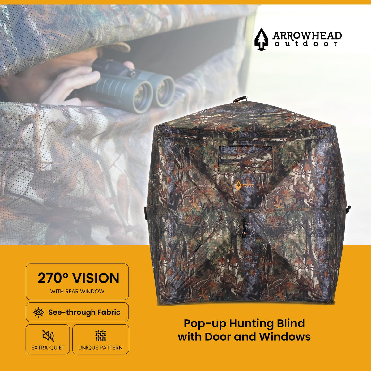 Arrowhead Outdoor 270° Vision 4.8x4.8 Ft Pop-up 2-3 Person See-Through Hunting Stealth Deer Blind Shelter w/Magnetic Door, Sliding Windows and Backpack Carry Bag, Noise-Free Camouflage Design