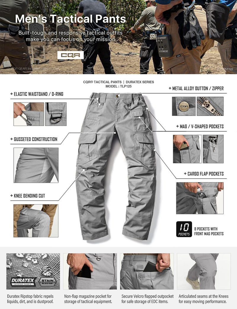 CQR Men's Tactical Pants, Water Resistant Ripstop Cargo Pants, Lightweight EDC Work Hiking Pants, Outdoor Apparel, Duratex Mag Pocket Stone, 42W x 30L
