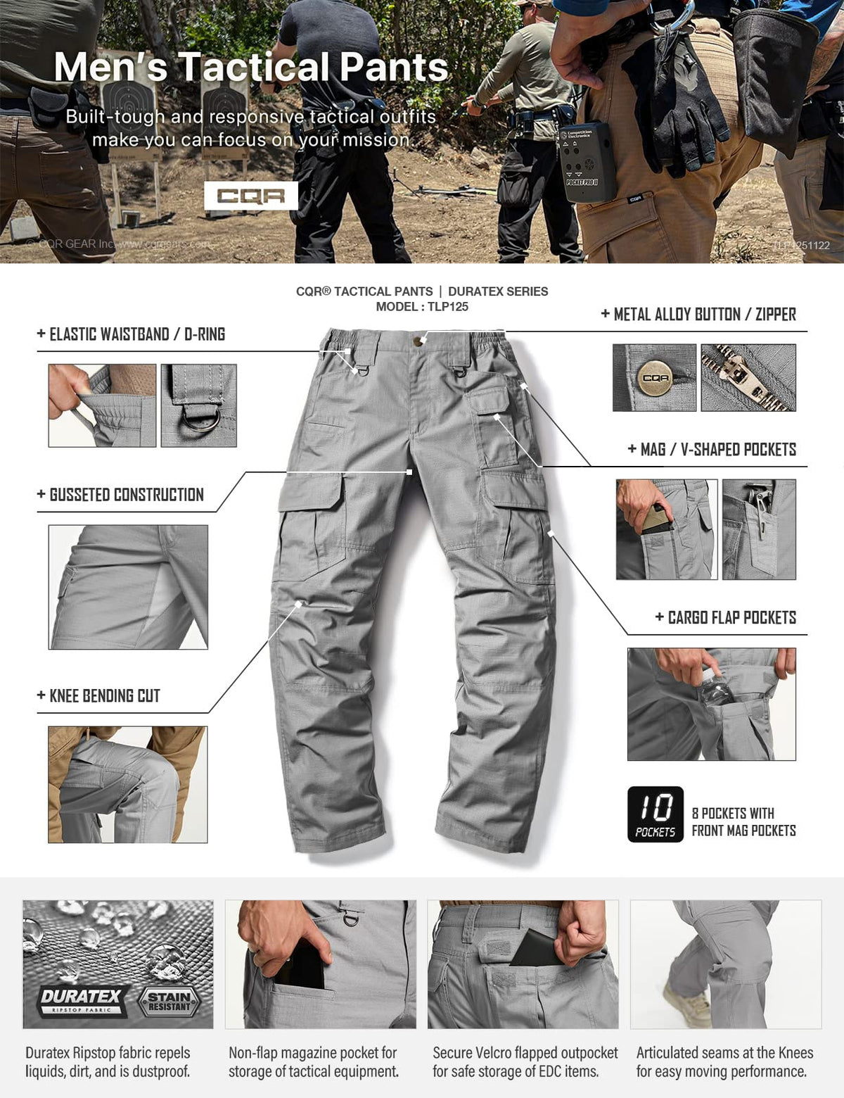 CQR Men's Tactical Pants, Water Resistant Ripstop Cargo Pants, Lightweight EDC Work Hiking Pants, Outdoor Apparel, Duratex Mag Pocket Stone, 40W x 32L