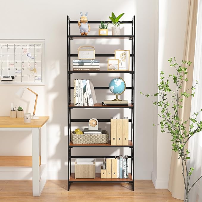 VECELO 2 Set Folding Bookshelf 5-Tier,Industrial Metal Frame & Wood Shelves,Foldable Bookcase No Assembly Free Standing Storage Organizer for Living Room,Office,Bedroom