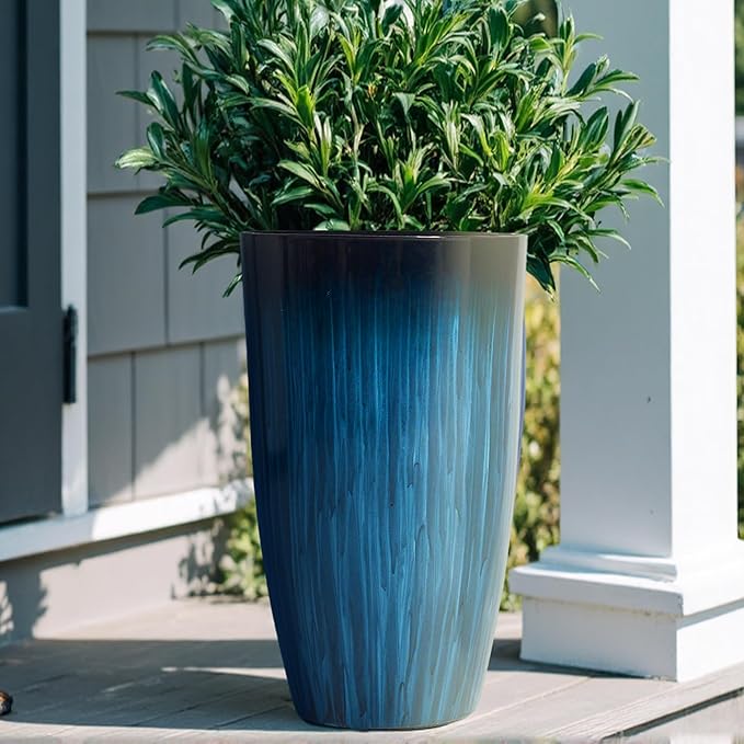 Worth Garden 23.5" Tall Plastic Planters Set of 2 with Drainage Holes, Gradient Blue Glossy Finish, Large Lightweight Round Plant Pots for Indoor Outdoor Use, Decorative Flower Pots for Front Porch