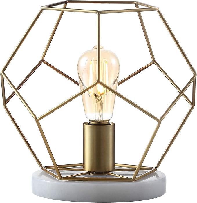 JONATHAN Y 10" Brass Gold Geometric Table Lamp, Midcentury Modern Metal Desk Lamp for Living Room Bedroom, White Marble Base, Glam Bedside Nightstand Light with LED Bulb JYL1047A