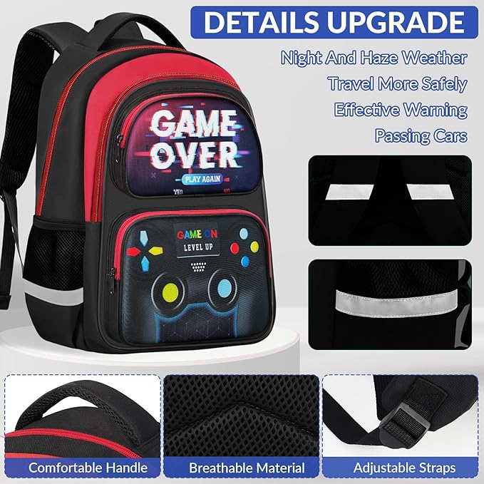 School Backpack for Boys - 3pcs Gamer Boys Backpack with Lunch Box Set for Kids Teens Elementary Middle School - 17″ Video Game Bookbag Travel Back Pack for Age 6-18