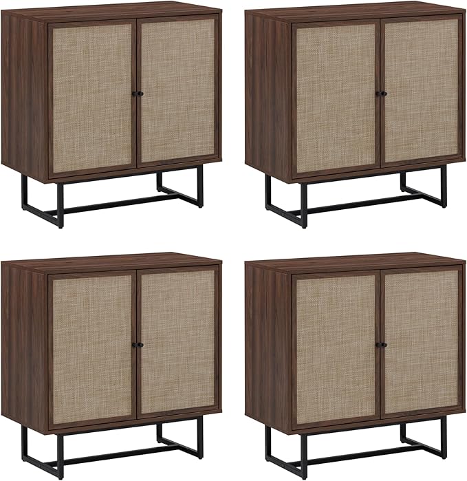 Nathan James Kova Bohemian Rattan Sideboard or TV Stand, Wooden Storage Cabinet with Doors, Walnut Sideboard Buffet or Rattan Accent Storage Cabinet with Matte Black Legs, Set of 4