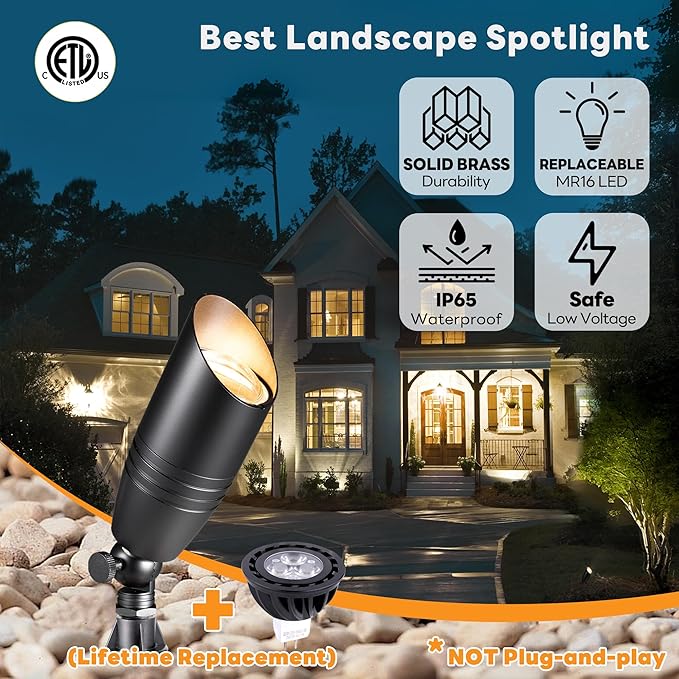 Die-Cast Brass Spot Light Outdoor - 12V LED Uplighting Waterproof, Low Voltage Landscape Lights Direct Wire, Black for Fence Fountain with Bright White MR16 Replaceable Bulbs (12 Pack)