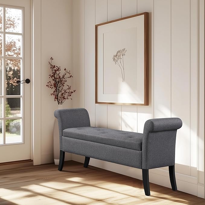 Yaheetech Ottoman with Storage, 52" Storage Ottoman Bench with Safety Hinge, Upholstered Bench with Seating for Bedroom, Living Room, Holds up to 661 lb, Dark Gray