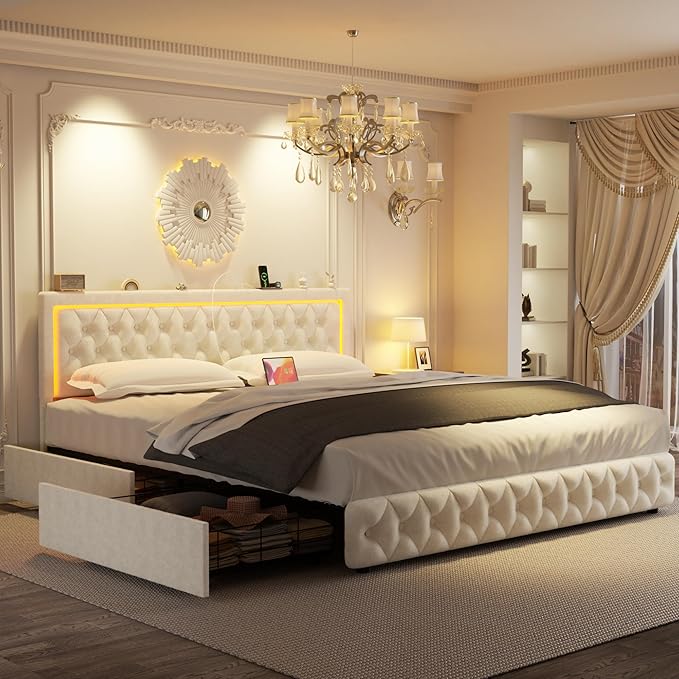 Full Bed Frame with 4 Storage Drawers, Velvet Upholstered Bed Frame Full Size with Charging Station and LED Lights, 46" Adjustable Button Tufted Headboard, No Box Spring Needed, Beige