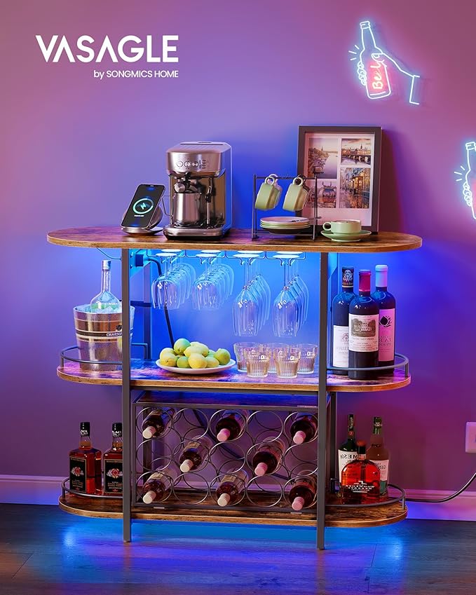 VASAGLE Bar Cabinets for Home, LED Coffee Bar with Power Outlets, Home Mini Bar for Liquor, Freestanding Wine Rack with Glass Holder, Kitchen, Dining Room, Rustic Brown ULWR007K01