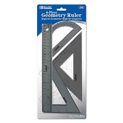 BAZIC Products Math Geometry Set 4 Pieces, Protractor, 12" Ruler, 2 Triangle Rulers, Plastic Clear Measuring Sets for Students School Supplies, 24-Packs