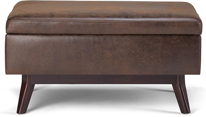 SIMPLIHOME Owen Coffee Table Storage Ottoman - 34 inch Wide Upholstered Vegan Leather Rectangular Lift-Top Ottoman in Distressed Chestnut Brown, Mid-Century Bench for Living Room with Tapered Legs
