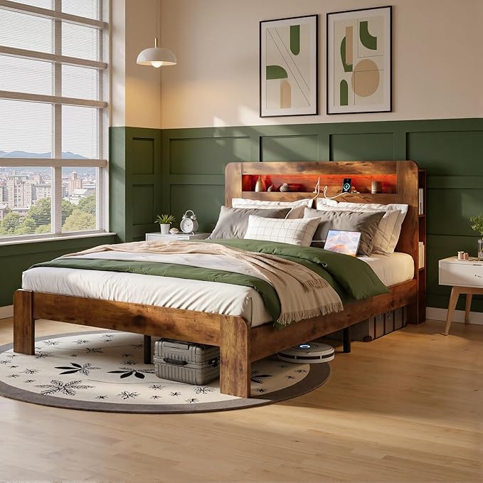 King Bed Frame with Headboard, Wooden Platform Bed Frame King Size with Bookcase Shelf, LED Lights, Charging Station, Heavy Duty Supports, No Box Spring Needed,Dark Brown