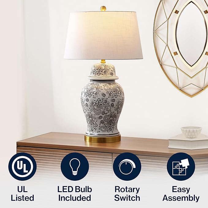 JONATHAN Y 29.5" Gray/White Ceramic Table Lamp for Living Room and Office, White Linen Drum Shade, Traditional Chinoiserie Ginger Jar Lamp, LED Bulb Included (JYL3008B)