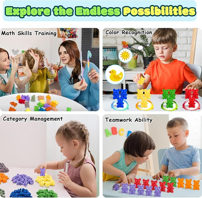 XINHUIDALSQ Rainbow Counting Bears Set of 200, 10 Colors Sorting Teddy Plastic Bears Math Manipulatives for Toddlers, 1 Inch Bear Conters Ages 3+ Kids