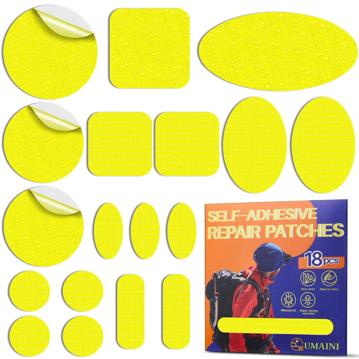 umaini Down Jacket Repair Patch Kit, Outdoor Gear Tenacious Repair Tape, Self Adhesive Fabric Patches for Clothes, Waterproof Ripstop Nylon Fabric Patch for Puffer Jacket, Coat, Tent (18 Pcs, Yellow)