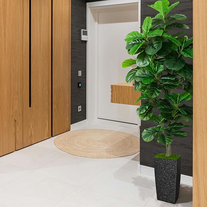 Artificial Fiddle Leaf Fig Tree 6ft, 6 Feet Large Tall Fake Plants Indoor with Modern Style Planter, Artificial Silk Tree for Home Office Living Room Decor Indoor, More Lifelike & Lush (Black)