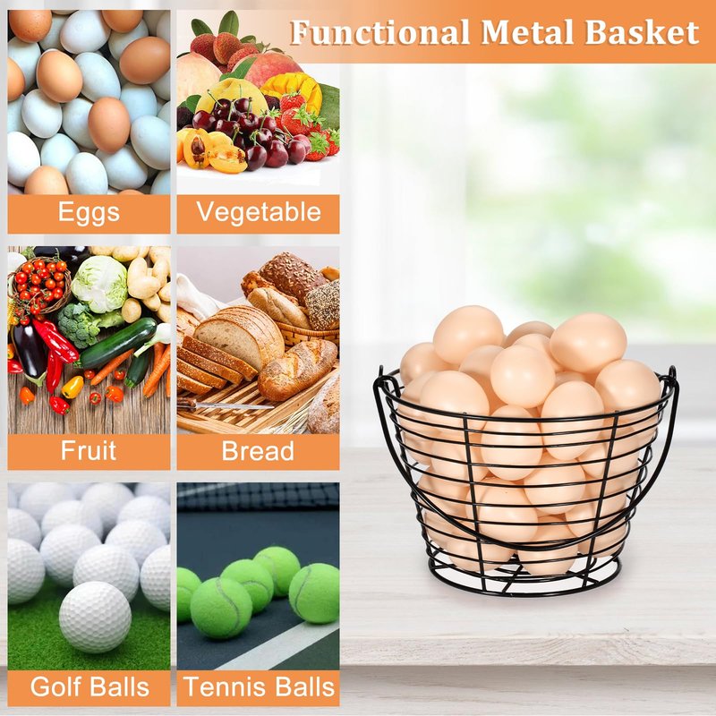 OGANAZI 3 PCS 8" Black Round Wire Egg Baskets With Handle, Small Metal Egg Collecting Basket for Gathering Fresh Eggs, Chicken and Duck Eggs Hunting Basket Egg Holder Countertop