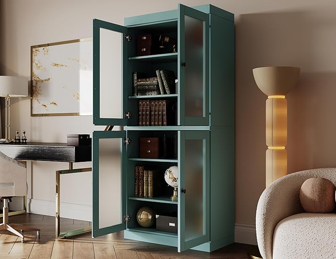 Palace Imports Solid Wood Bookcase w/Frosted Glass Doors & Adjustable Shelves for Living Room - 6-Tier Tall Bookshelf, 71.5" H x 32” W - Aqua, 100% Renewable Eco-Friendly Wood, Made in Brazil