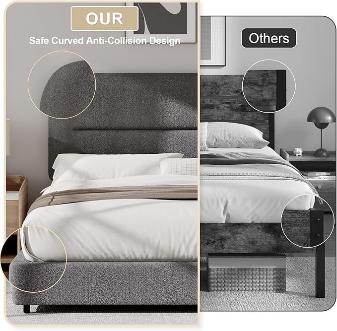HOMBCK Queen Bed Frame with Headboard, Boucle Upholstered Soft Platform Bed Frame Queen Size with Thickened Footboard, Rounded Corners Design, No Box Spring Required, Easy Assembly, Grey