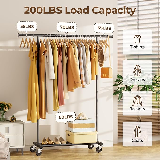Clothes Rack for Hanging Clothes: Clothing Coat Garment Rolling Racks with Wheels Shelf Portable Closet Storage Organizer Wardrobe Strudy Metal Freestanding Laundry Room Bedroom Dress Shirt Jacket
