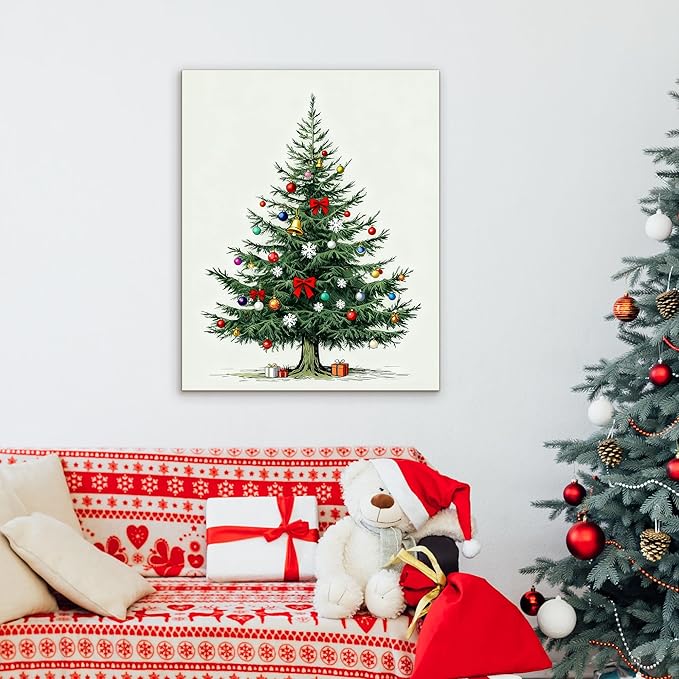 Framed Christmas Pictures Wall Decor,Vintage Pine Tree Prints,Winter Christmas Canvas Wall Art Decoration for Bedroom Bathroom Living Room Rustic Xmas Holiday Gifts (Christmas Tree 8, 24'' X 36'')