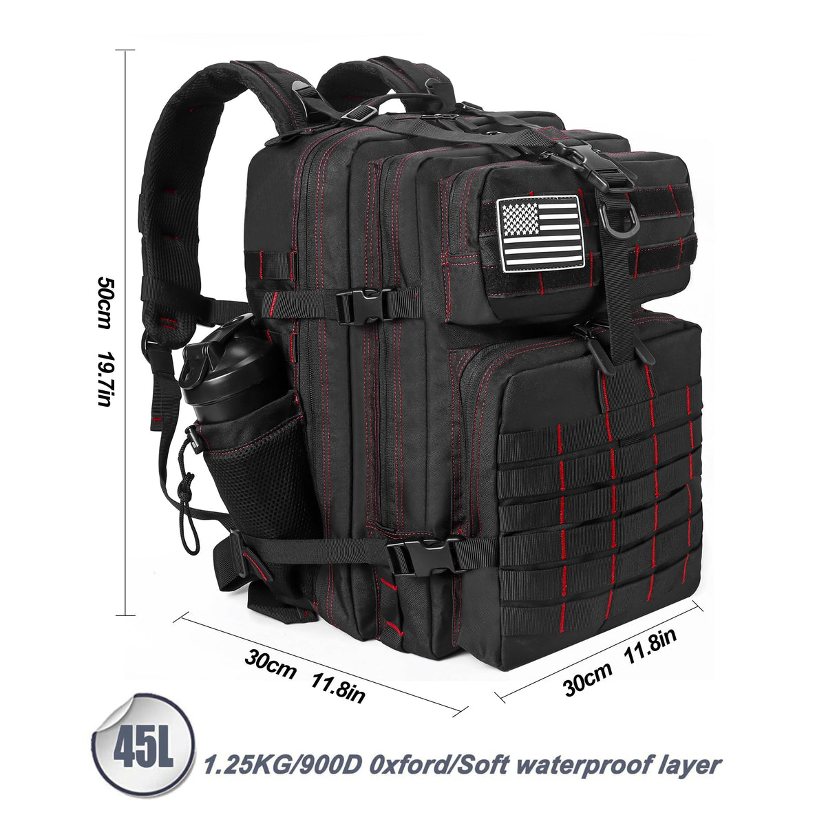 LHI Military Tactical Backpack for Men and Women 45L Army 3 Days Assault Pack Bag Large Rucksack with Molle System - Black With Red Line