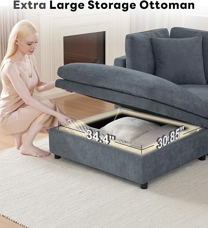 Tbfit Modern Sectional Sofa with Storage, Comfy Cloud Modular Couch with Down-Filled Cushions, Sofa for Home, Living Room, Grey