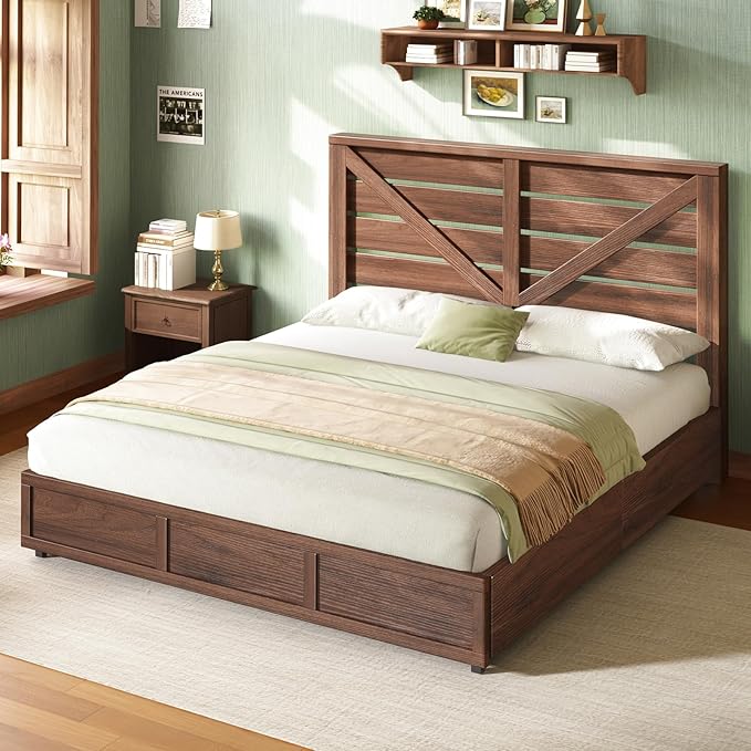 AMERLIFE King Size Farmhouse Bed Frame with 4 Drawers, Wooden Storage Bed Frame with Headboard and Heavy Duty Metal Slats, Noisy Free, Easy Assemble, Rusric Brown