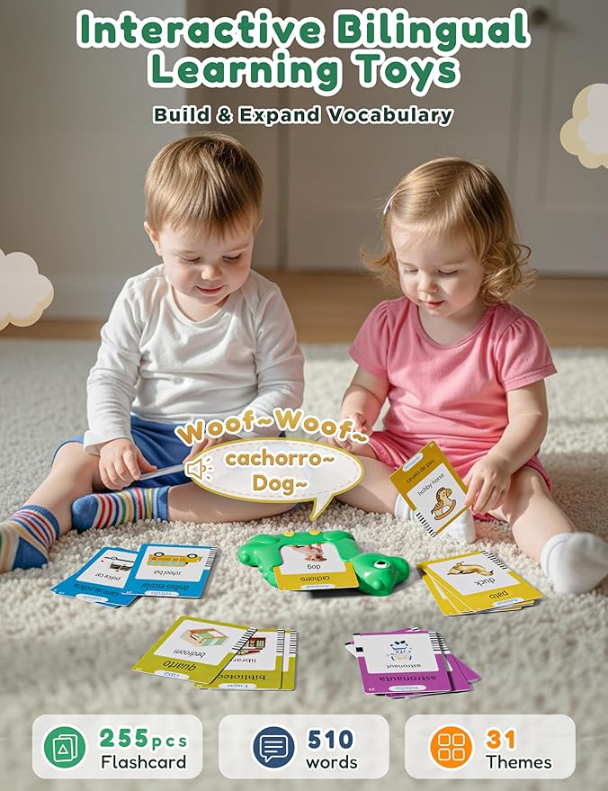 Portuguese and English Talking Flash Cards for Kids, 510 Sight Words Bilingual Learning Toys for Toddlers, Portuguese Alphabet Flashcards Pocket Speech Therapy Toys, Dinosaur Shaped