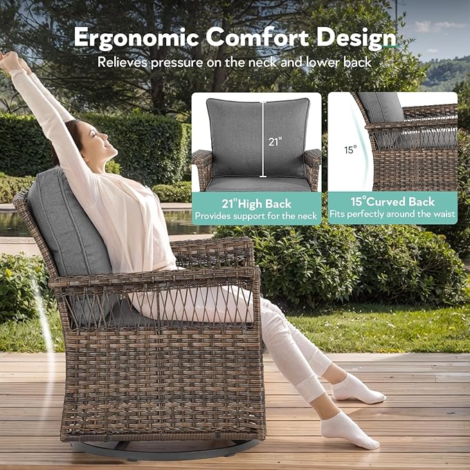 5 Pieces Wicker Patio Furniture Set - Hollow Widen Armrests Outdoor Swivel Glider Chairs and 3 Seat Sofa with Coffee Table & Side Table for Balcony Porch Deck and Yard - Brown/Gray