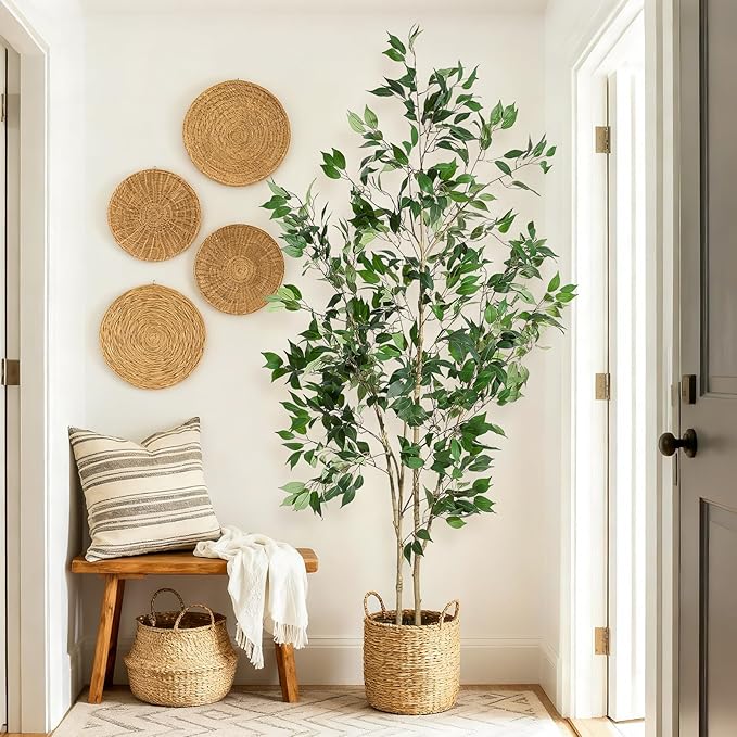 7FT Ficus Trees Artificial Indoor, Faux Silk Plant with Natural Wood Trunk and Lifelike Fruits, Black Imitation Ceramic Planter with Green Fake Moss for Modern Home Office Living Room Decor