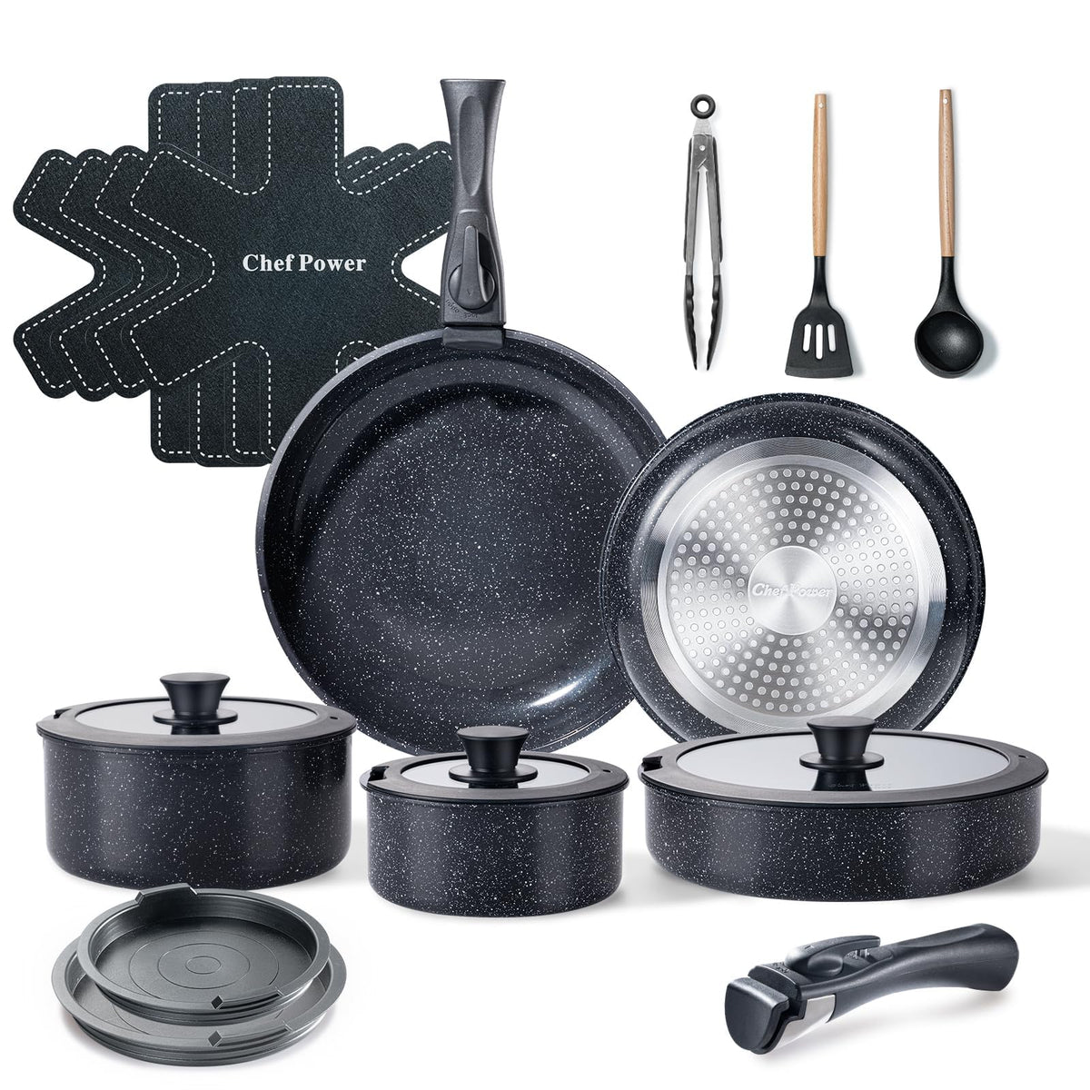 Chef Power Ceramic Cookware Set, 19 PCS Detachable Non Stick Pots and Pans