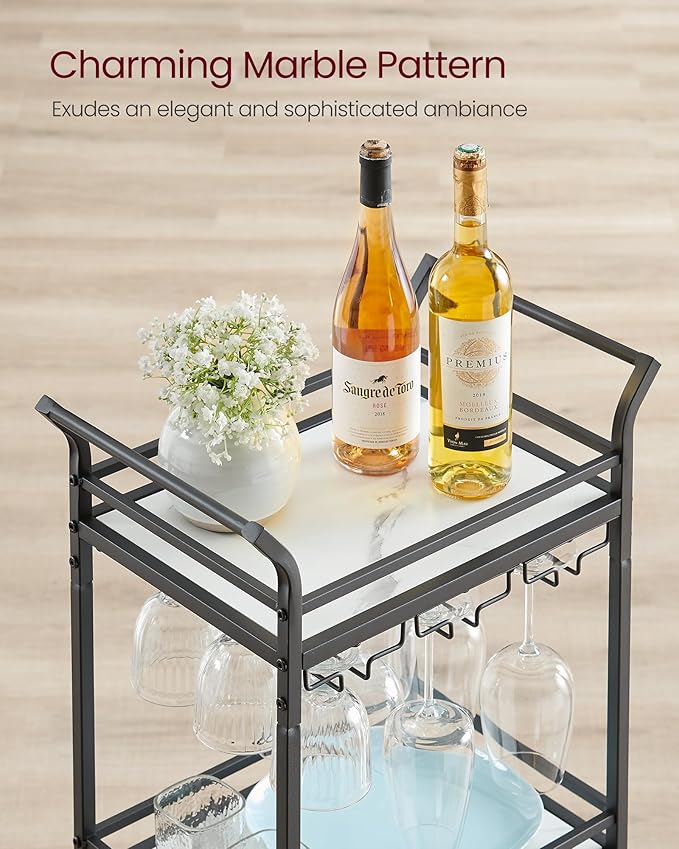 VASAGLE Bar Cart with 3-Tier Shelf, Wine & Glass Holders, Mini Bar for Small Spaces, Black
