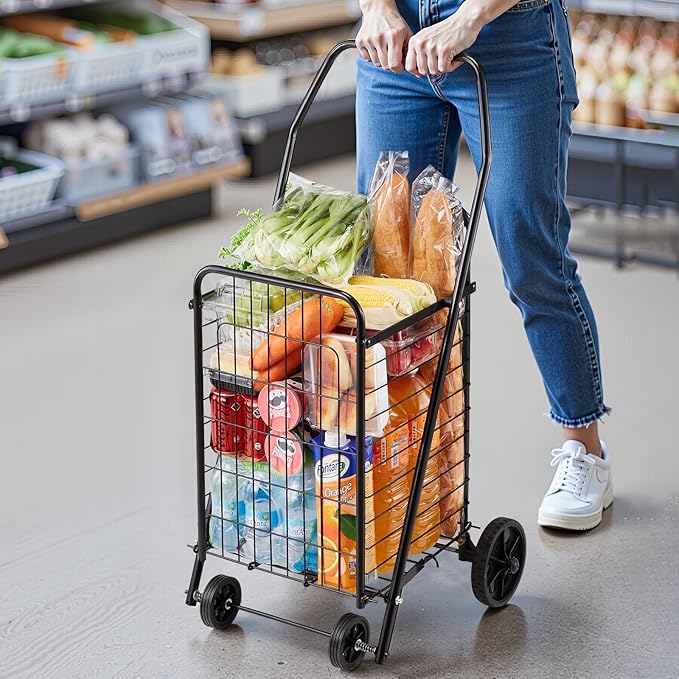 VEVOR Shopping Cart, Folding Grocery Utility Cart with Swivel Wheels, 90 LBS Large Load Capacity, Heavy Duty Rolling Laundry Basket Butler for Laundry, Shopping, Camping, Grocery, Luggage, Black