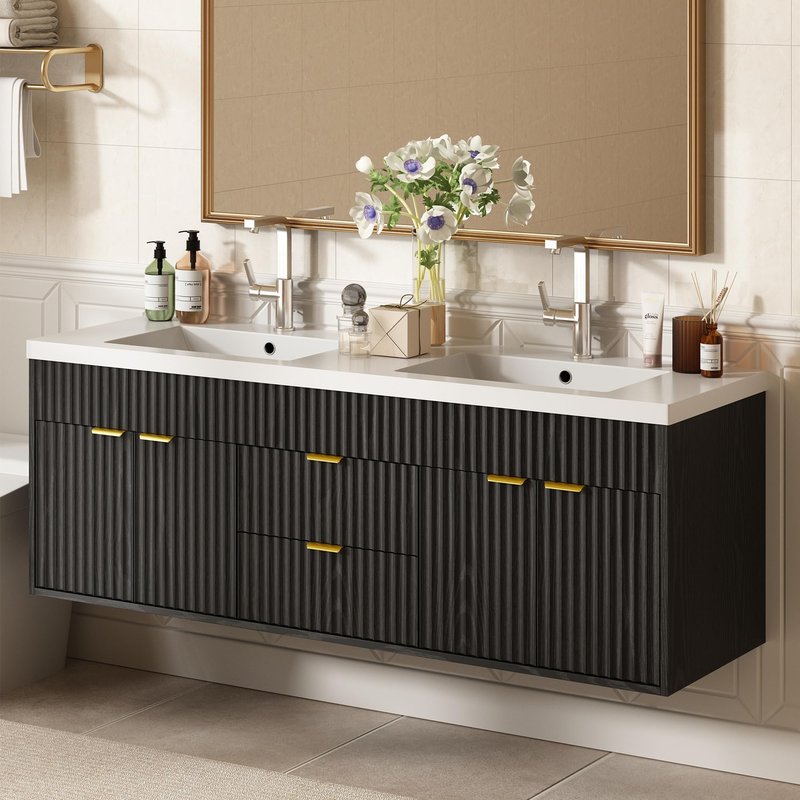 CARPETNAL 60 Inch Bathroom Vanity with Sink, Modern Fluted Large Double Sink Bathroom Vanity with Sink with 2 Storage Cabinets, Adjustable Shelf and 2 Drawers, Black
