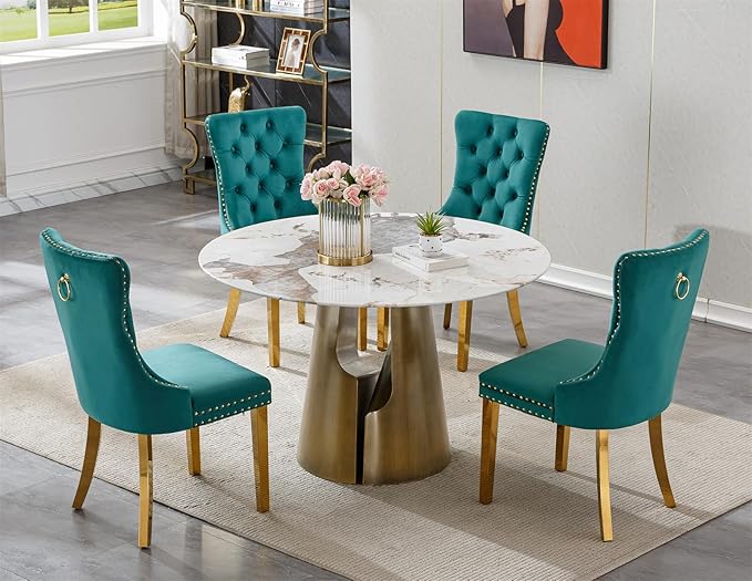 5-Piece Faux Marble Round Dining Table Set for 4, Modern Luxury Kitchen Table Set for 4 with Green Tufted Chairs,Circle Dining Tables with Pandora Grain Top and Bronze Pedestal Base