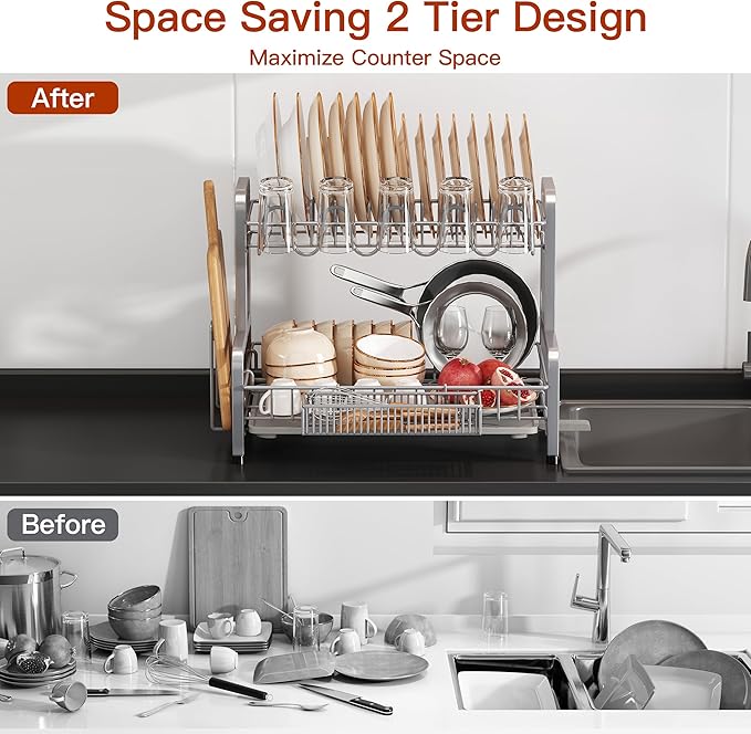 2 Tier Dish Drainer Drying Rack for Kitchen Counter Large Stainless Steel Dishes Drain with Drainboard Set, Space Saving, Big Modern Black Countertop Metal Plate Dryer Strainer Holder and Extra Tray