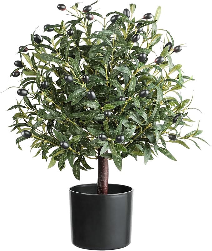 25" Tall Artificial Olive Topiary Ball Tree with Leaves and Fruits, Olive Boxwood Topiary Ball Potted Bushes UV Resistant Potted Plants for Indoor Outdoor Home Garden