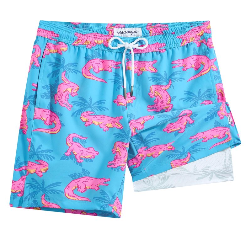 maamgic Mens Swim Trunks with Compression Liner 7 Inch Inseam Mens Bathing Suit Quick Dry Swimming Trunks Swimsuit Blue and Pink Crocodile Large
