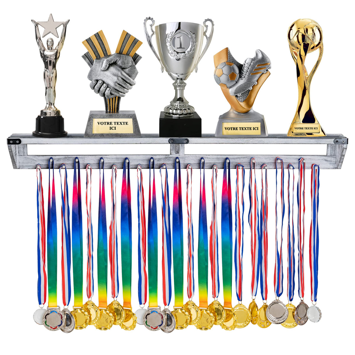 LAVIEVERT Gymnastic Medal Hanger with Storage Shelf, Wooden Wall-Mounted Trophy Shelf, Race Medal Display Rack Holder with 23 Hanging Bars - White