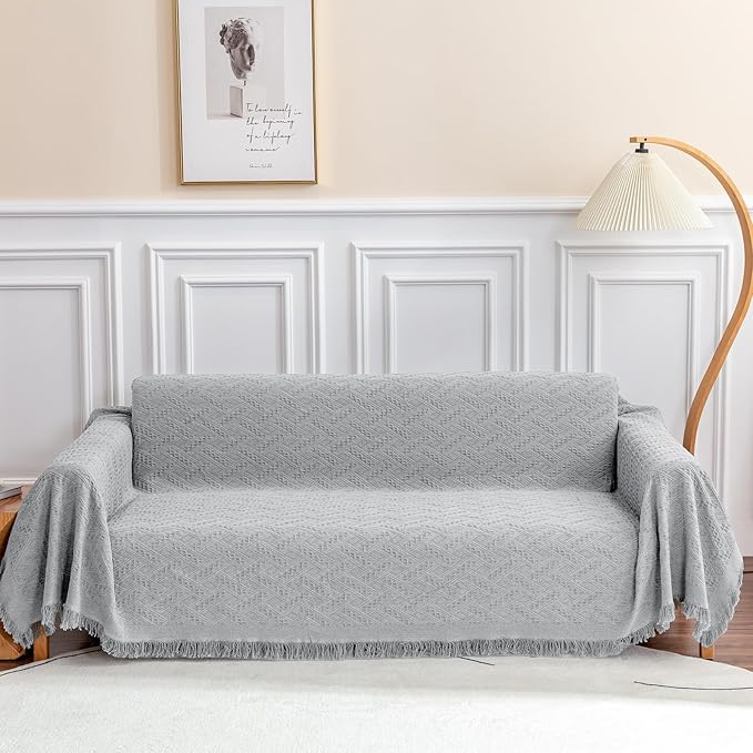 Deep Dream Sectional Couch Cover - Geometrical Jacquard Fabric Sofa Cover (Large, 71" x 102", Light Grey) for Dogs & 3 Cushion Couch