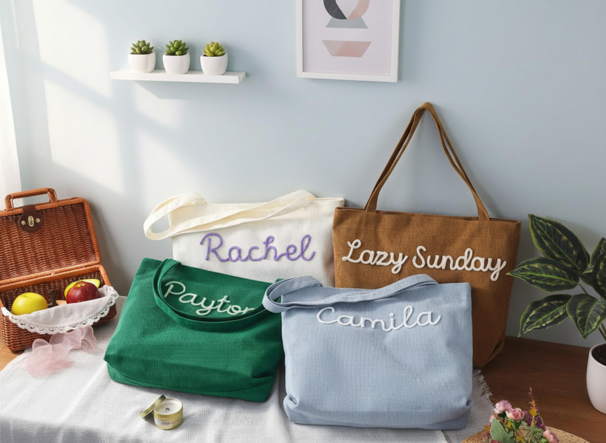 HASAWIN Personalized Embroidered Corduroy Tote Bag - Bridesmaid Gift, Custom Name Tote Bag, Everyday Essential & Weekender, Christmas Gift for Her