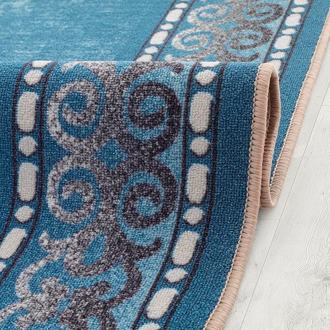 Antep Rugs Alfombras Bordered Modern 4x6 Non-Slip (Non-Skid) Low Pile Rubber Backing Indoor Area Rug (Turquoise Blue, 4' x 5'8")